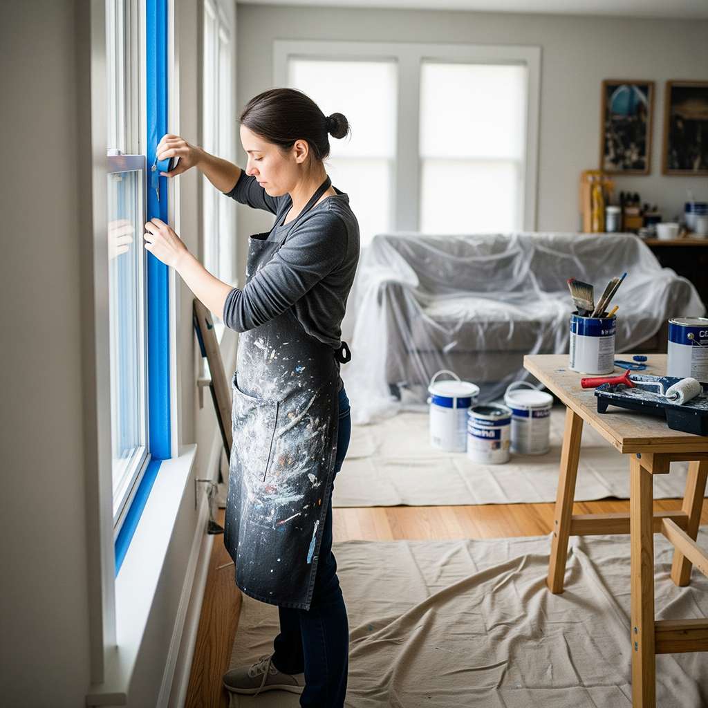 Woman painting window trim in a well-prepared interior space, surrounded by painting supplies and protective coverings, emphasizing professional interior painting services.