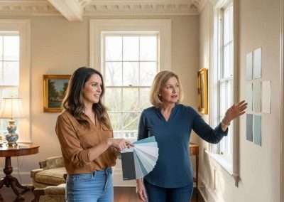 Color consultant helping a homeowner choose paint swatches inside a Charleston house