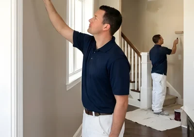 Professional painters applying finishing techniques in a residential interior, showcasing wall painting with brushes and rollers in a well-lit hallway.