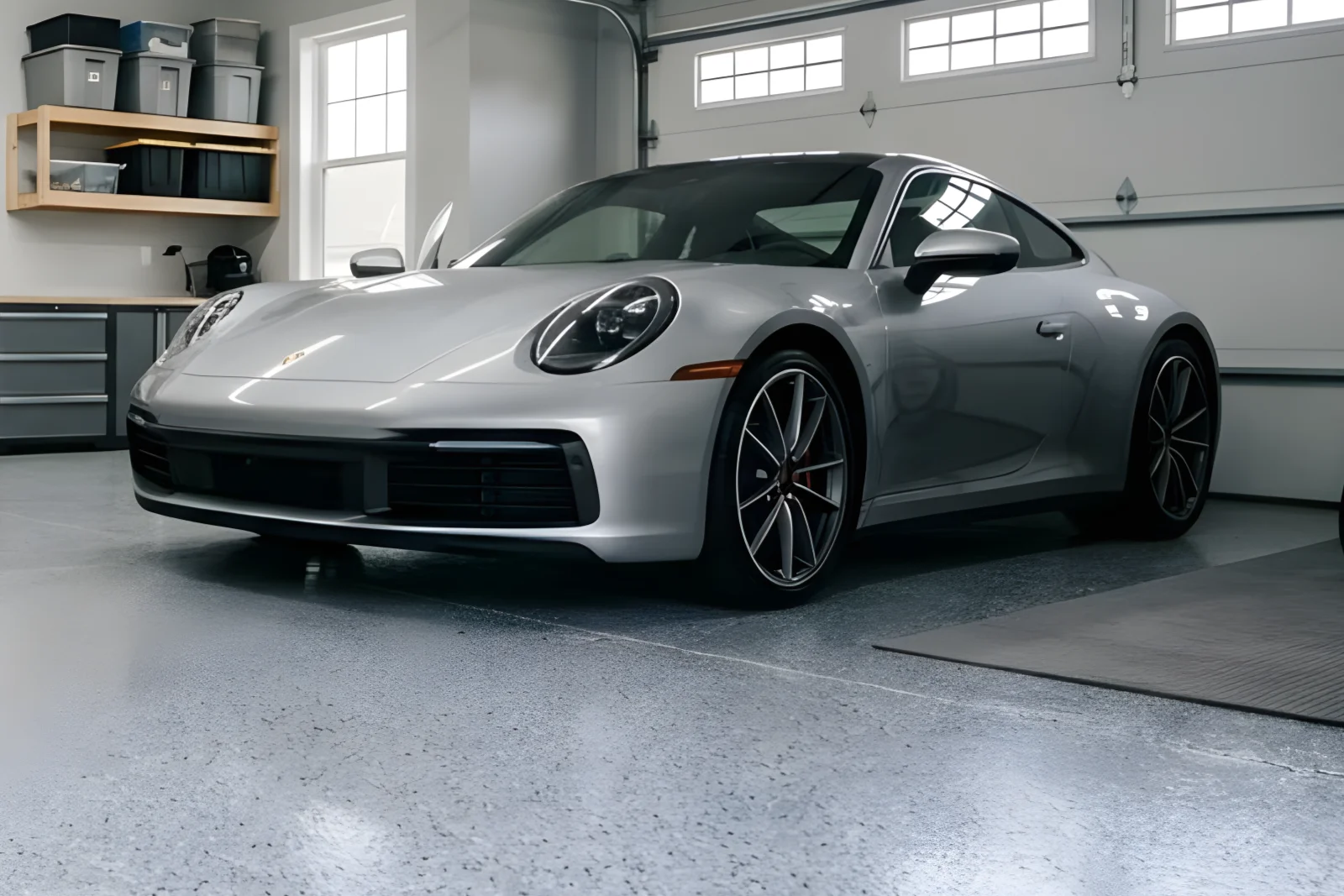 Charleston-Paint-Contractors-coating-garage Silver Porsche sports car parked in a modern garage with organized storage and epoxy-coated flooring, showcasing high-quality garage floor coatings.