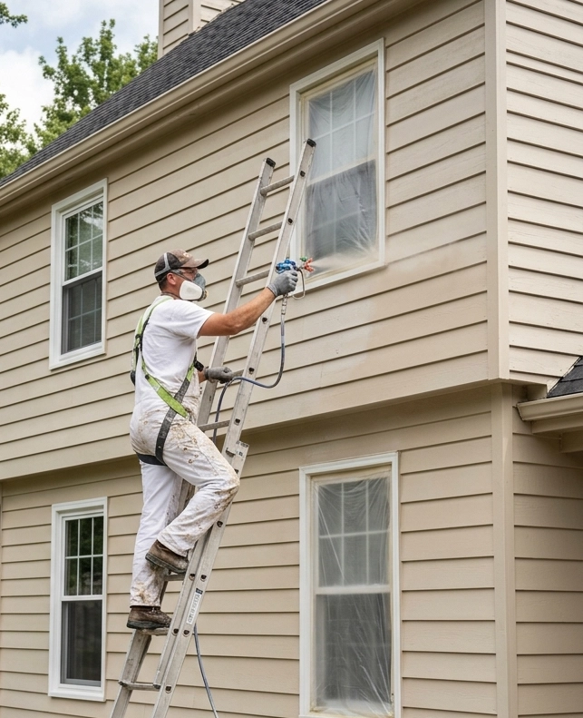 Charleston-Paint-Contractors-painting-side A painting professional spraying the exterior of Sullivan's Island, SC home