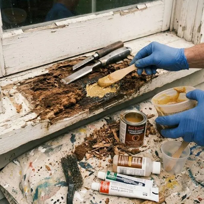A photo of wood rot repair on a window sill